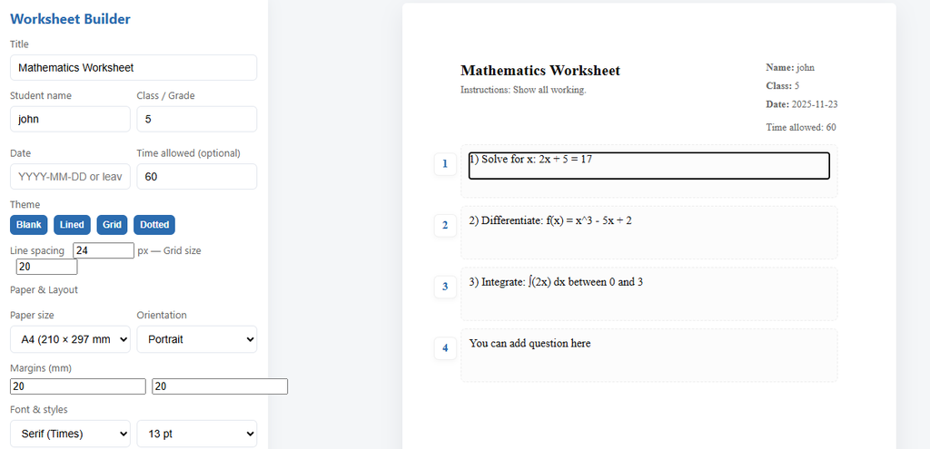 Mathematics worksheet generator