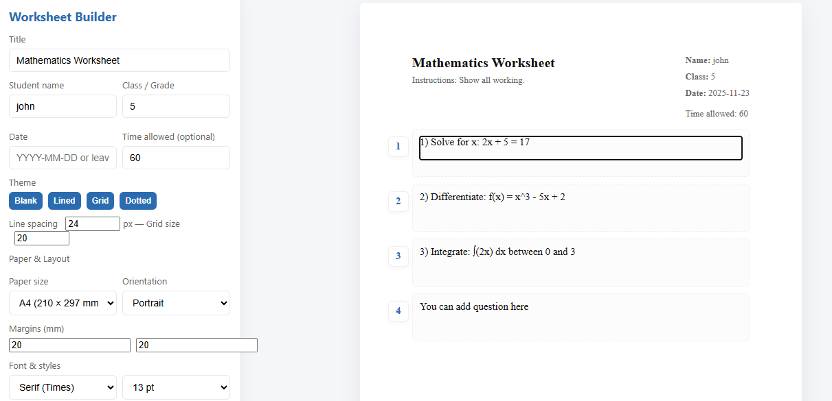 Mathematics worksheet generator