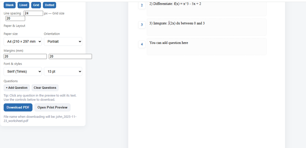Mathematics worksheet generator